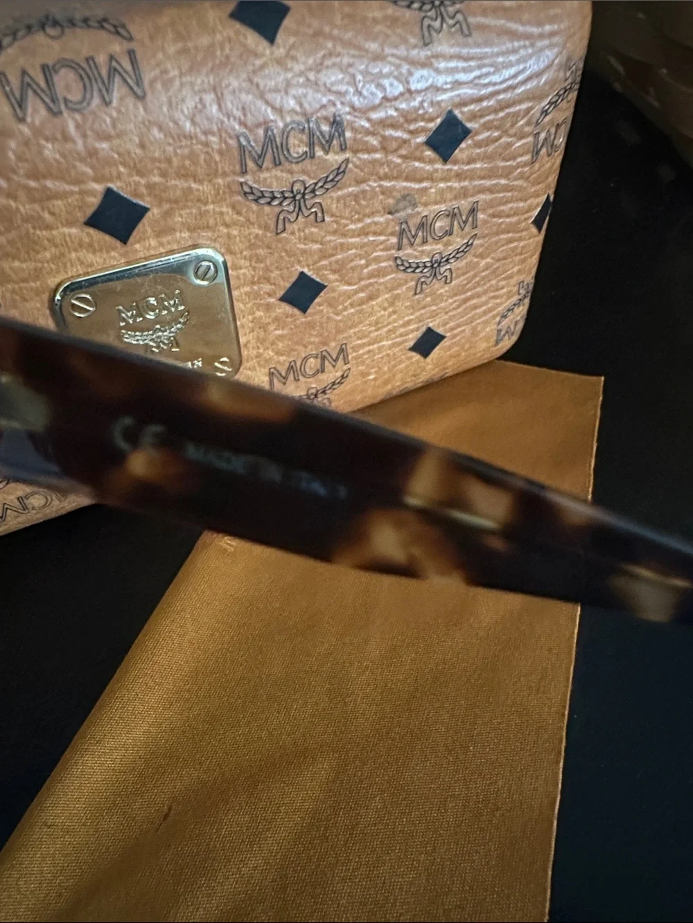 MCM Tortoise Frame Sunglasses Cognac Visetos Logo Case NWOT